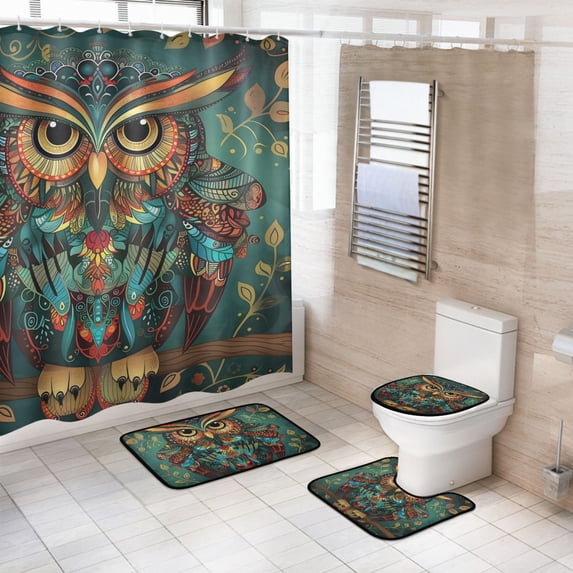 4 Pcs Owl Print Ethnic Bathroom Shower Curtain Set with 12 Hooks Bath Mat Toilet Lid Cover