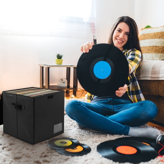 4 Pcs Oxford Cloth Vinyl Record Storage Box with Lid and Handles Foldable and Stackable Vinyl Storage Box for Collecting Valuable Album