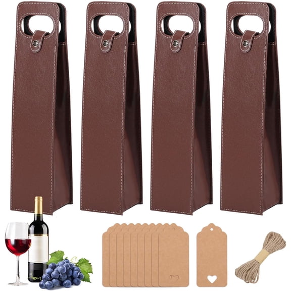 4 Pcs PU Leather Wine Tote Bag Brown PU Leather Wine Carrier 10 Pcs Paper Gift Tags 5M Jute Cords DIY