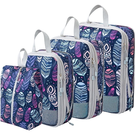 4-Pcs Packing Cube Set - Lightweight Organizers For Home Organizers Vacation And Suitcases With Compression Compression Packing Cubes Travel(Feather print )