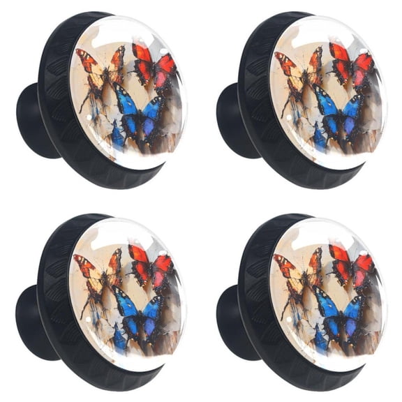 4 Pcs Painted Butterfly Print Cabinet Knobs 30mm Round Crystal Glass Drawer Handles Pulls with Screws for Kitchen Cupboard Wardrobe Closet Dresser, Home&Office