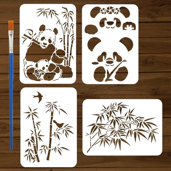 4 Pcs Panda and Bamboo Painting Stencil with Brush 8.3x11.7inch Cute Panda Pattern Drawing Template Chinese Bamboo DIY Decoration Stencil for Painting on Wood Wall Fabric Furniture