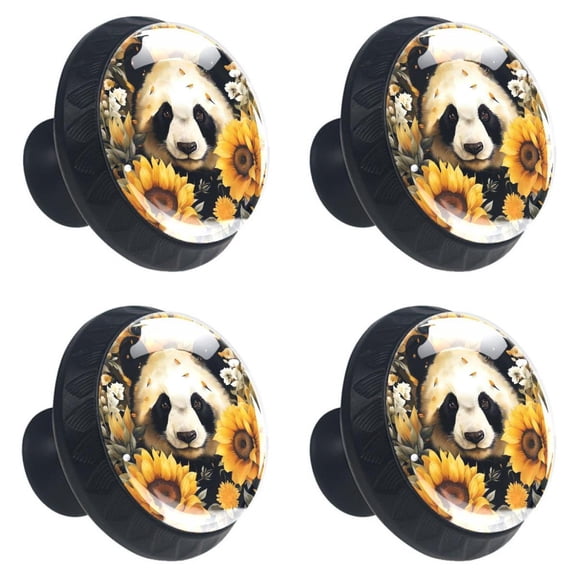 4 Pcs Panda with Sunflowers Print Cabinet Knobs 30mm Round Crystal Glass Drawer Handles Pulls with Screws for Kitchen Cupboard Wardrobe Closet Dresser, Home&Office