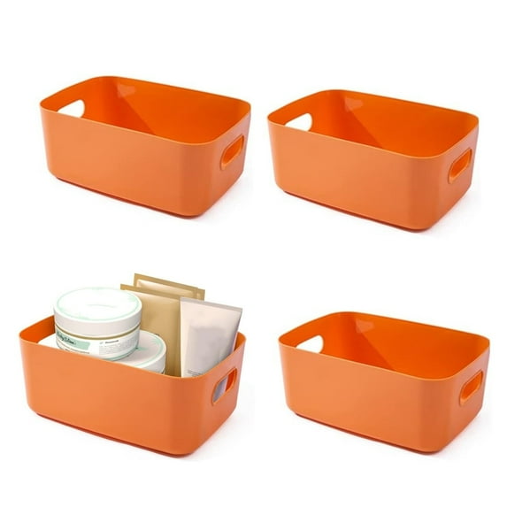 4 Pcs Pantry Shelf Organization Buckets Container,Orange Toy Organizers with Handles,Plastic Stackable Baskets for Office,Bedroom,Countertop,Shelves