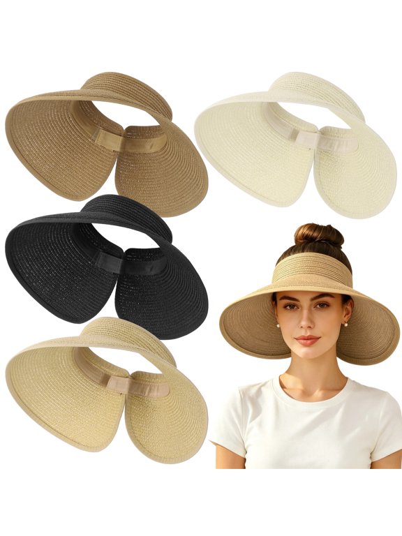 4 Pcs Paper Straw Folding Sun Visor Hats for Women, Adjustable Wide Brim Ponytail Summer Beach Hat with Sun Protection