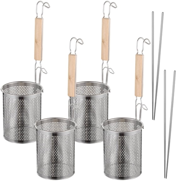 4 Pcs Pasta Strainer Set Stainless Steel with Wooden Handle, Includes 2 Pairs Chopsticks for Cooking Noodle Dumpling, Fine Mesh Food Skimmer Stainless Steel