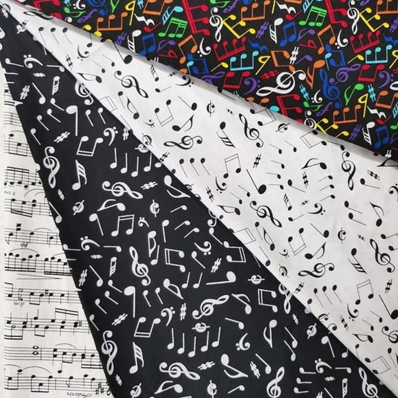 4 Pcs Patchwork Cloth, Colorful Music Note Stave Joy Music Score Black White Bundle Cotton Fabric DIY Fabric Patchwork, 25x25cm