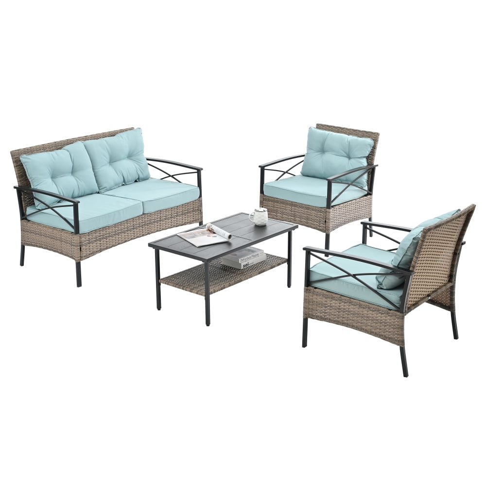 4-Piece Black Iron and Wicker Patio Set with Blue Cushions