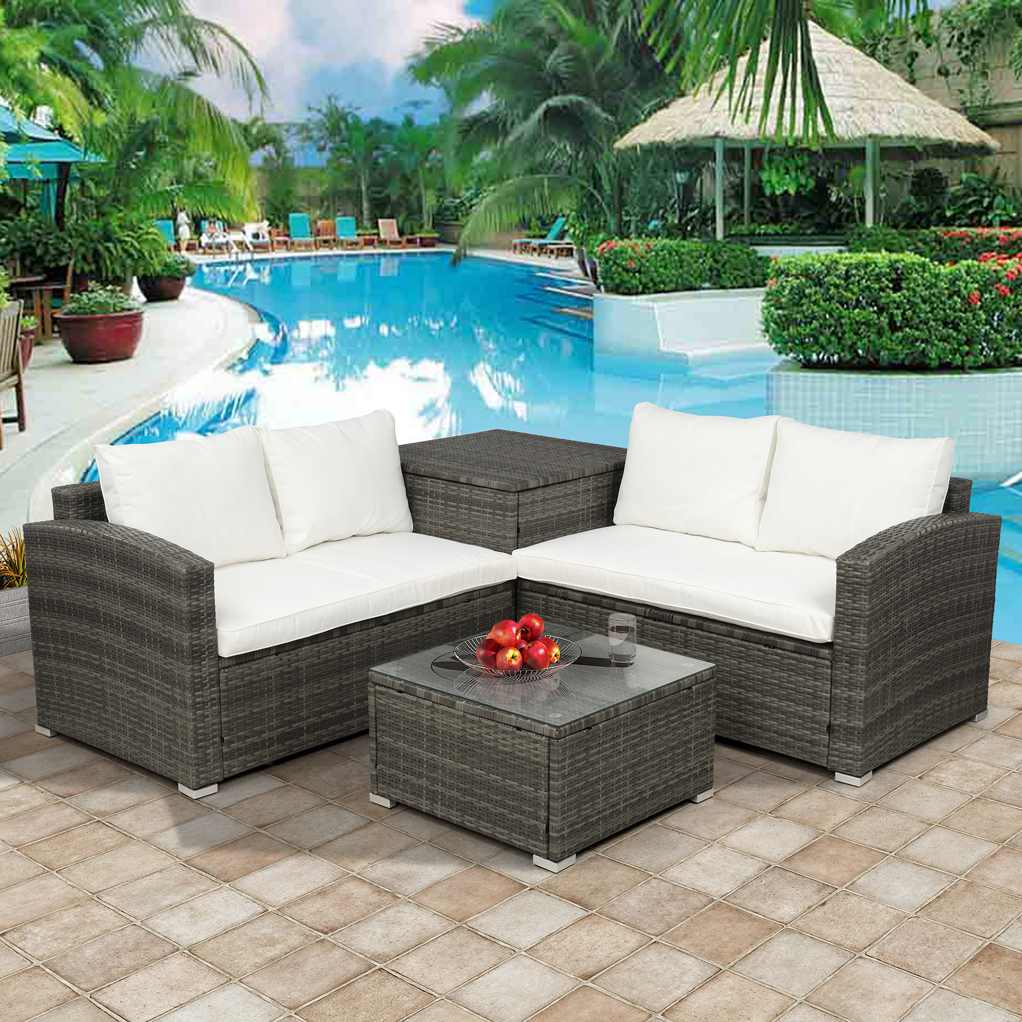 4 Pcs Patio Sectional Sofa Sets Outdoor Patio Furniture Sets Conversation Sets, Wicker Rattan Sectional Couch Sofa Set with Cushions, Pillows and Coffee Table - image 1 of 8