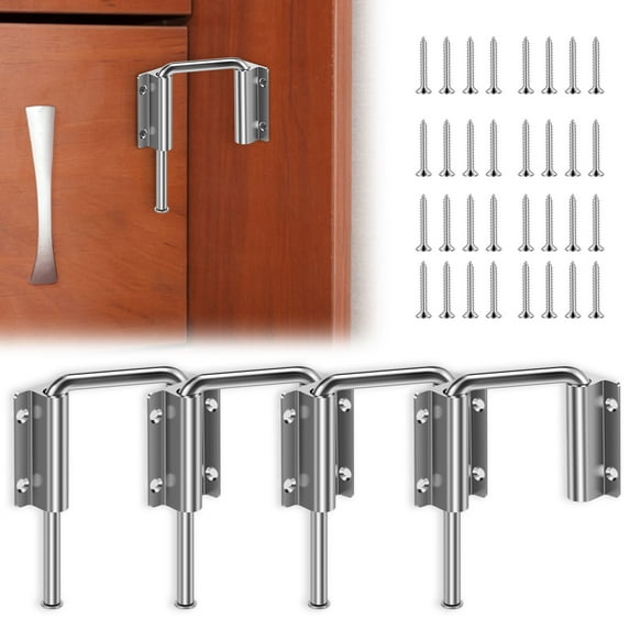 4 Pcs Patio Sliding Door Loop Lock Includes 32 screws Thickened Anti-Rust Security Latch for Fence Garden Barn Garage Closet Silver