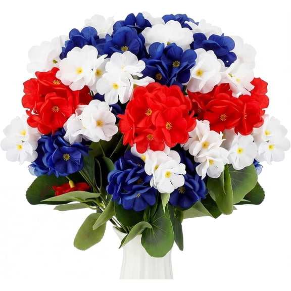 4 Pcs Patriotic Artificial Flowers Red White and Blue 4th of July Flower Silk Geranium Artificial Plant for Table Centerpiece Home Decor Memorial Day Grave Flower for Cemetery 250 Year