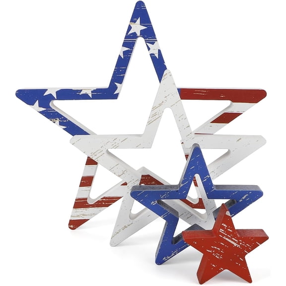4 Pcs Patriotic Decor Wooden Star Set 7in Rustic Solid Stars American Flag Decor for Independence Day Tiered Tray Mantle Shelf 4th of July Table Runner Style Memorial Day Decor (Retro Flag)