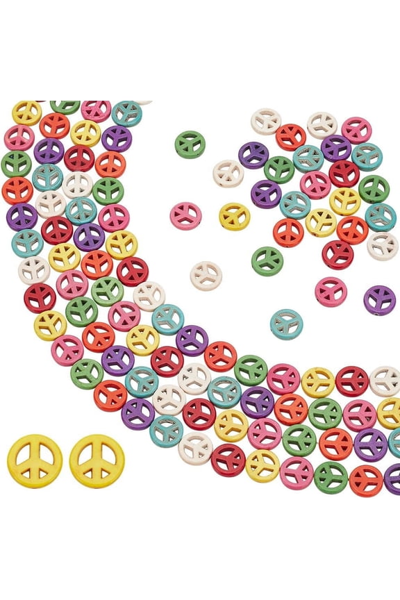4 Pcs Peace Sign Turquoise Dyed Beads Strand 15.3 inch Long Colorful Elastic Thread Peace Sign Bead Charms DIY