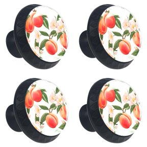 4 Pcs Peach Fruit on Flowering Branch Print Cabinet Knobs 30mm Round Crystal Glass Drawer Handles Pulls with Screws for Kitchen Cupboard Wardrobe Closet Dresser, Home&Office