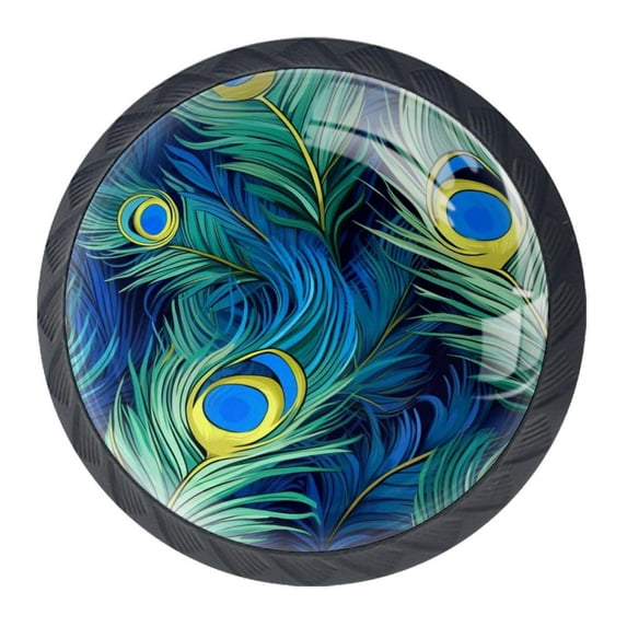 4 Pcs Peacock Feather Knobs for Kitchen Cabinet Cupboard Dresser Bookcase Drawer Pulls Handles Round Home Decor
