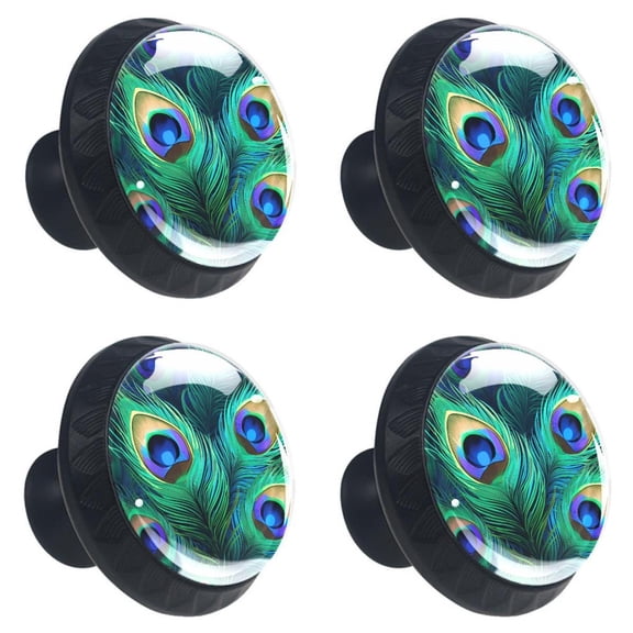 4 Pcs Peacock Feather Print Cabinet Knobs 30mm Round Crystal Glass Drawer Handles Pulls with Screws for Kitchen Cupboard Wardrobe Closet Dresser, Home&Office