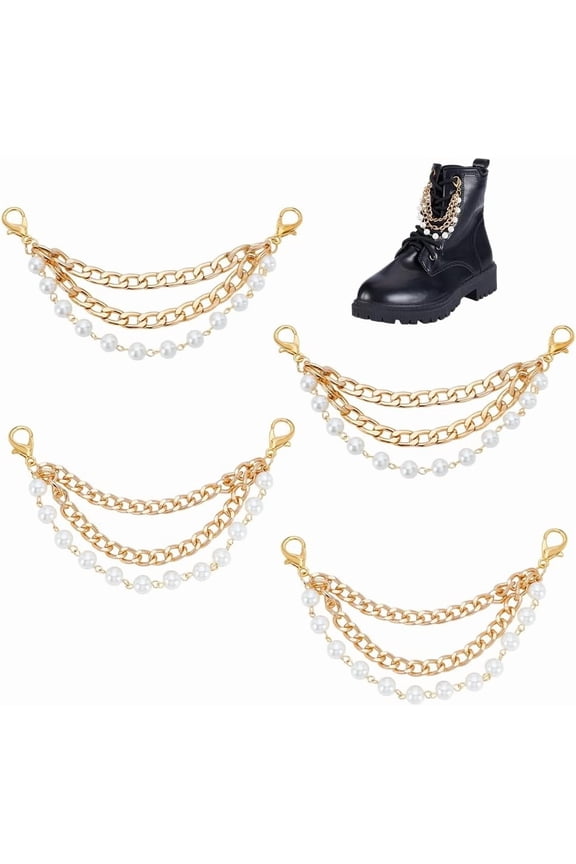 4 Pcs Pearl Shoe Chain Layered Pearls Shoelace Charms Tassel Chain with Clasp Decorative Chains for Women Boots Sneaker Sandal Shoes Pants Bag Party Favor Birthday Gifts White