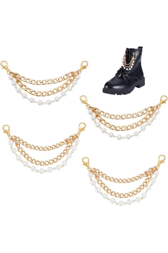 4 Pcs Pearl Shoe Chain Layered Pearls Shoelace Charms Tassel Chain with Clasp Decorative Chains for Women Boots Sneaker Sandal Shoes Pants Bag Party