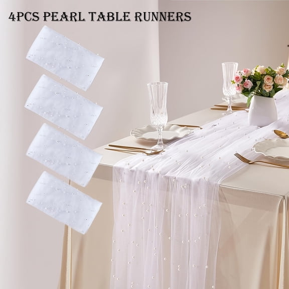 4 Pcs Pearl Table Runners, White Tulle Table Runner with Pearl Beads, 31.5 x 118 Inch Sheer Polyester Chiffon Wedding Table Runner for Dessert Table Bridal Party Birthday Celebration Decor