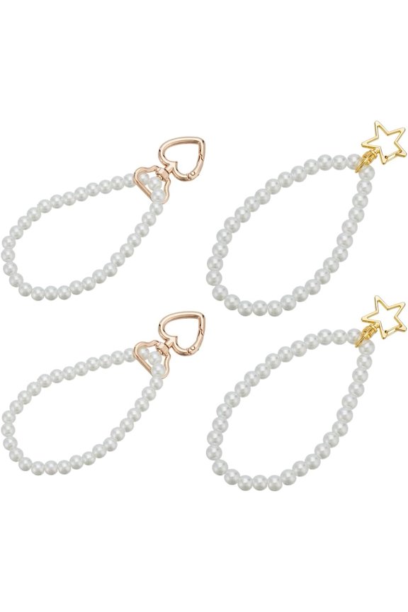 4 Pcs Pearl Wristlet Keychain 2 Styles Beaded Hand Chain Link Key Bracelets Car Keychain Holder Key Lanyard with Heart Star Alloy Swivel Clasps