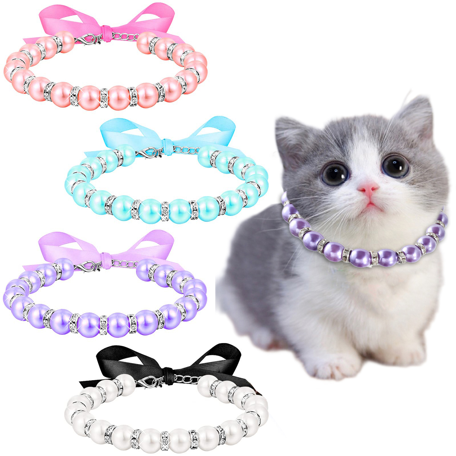 4 Pcs Pearls Cat Dog Necklace Collar Jewelry with Bling Rhinestones Pet Wedding Collar for Pets