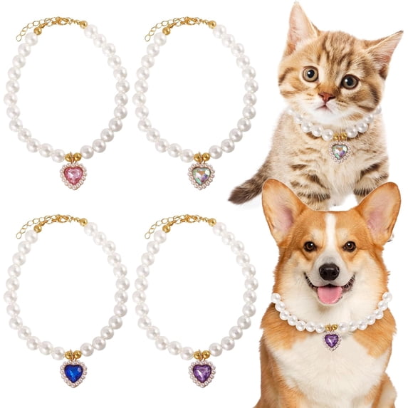 4 Pcs Pet Pearl Necklaces with Heart Shape Rhinestone Dog Cat Fancy Collars with Crystal Pendant Pet Collar Pet Charms for Wedding Birthday Party for Puppy Pets Small Dogs