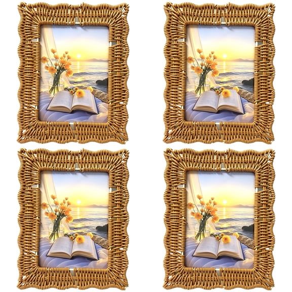 4 Pcs Photo Frames, 5 X 7 In Wicker Weave Style, Rattan Look Plastic Picture Holders For Tabletop And Wall Display, Decorative Frames For Home Decor, DIY Gift