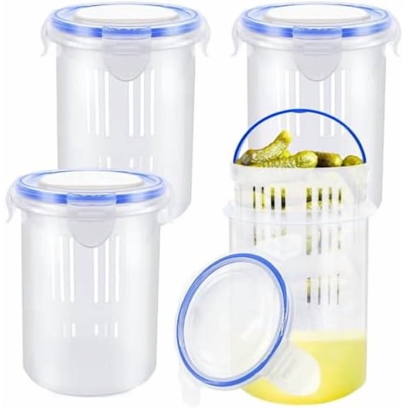 4 Pcs Pickle Container with Strainer,24 oz Pickle Jar with Leak Proof and Lock It Lid,Pickle Holder Keeper Lifter for Olive Jalapeno Juice Food Storage