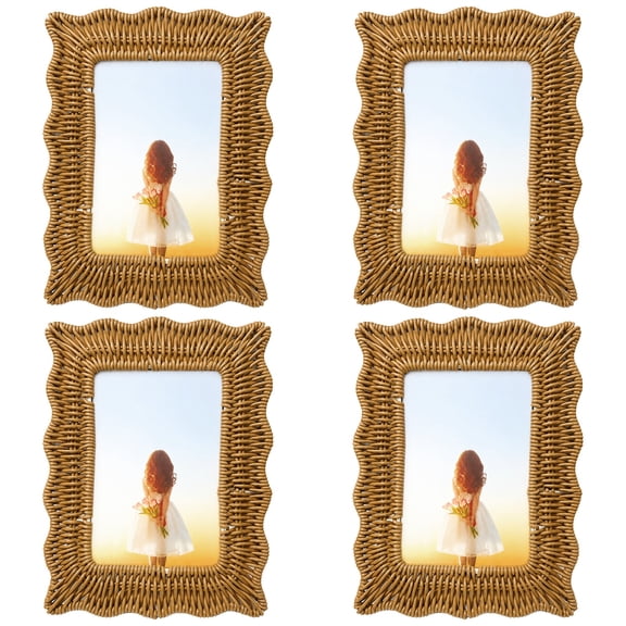 4 Pcs Picture Frames, 4 x 6 In Wicker Style Plastic, Tabletop Wall Display, Horizontal Vertical Decorative Frames for Home Decor DIY Present