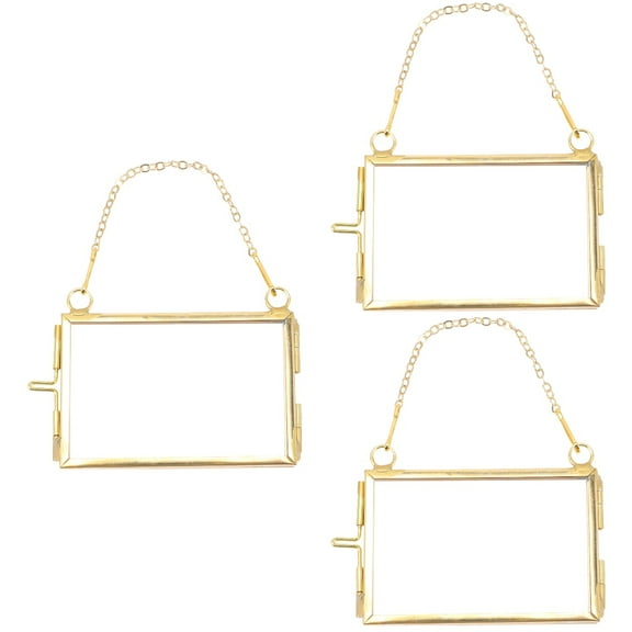 4 Pcs Clear Glass Floating Picture Frames, Double Horizontal Metal Photo Frames, Mini Golden Simple Design