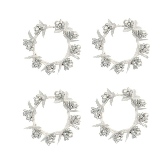 4 Pcs Pillar Candle Rings - Artificial Mistletoe with Pearls, 6.5cm Inner Diameter, White Floral Design, for Home Decoration/Parties, Elegant Festive Accent