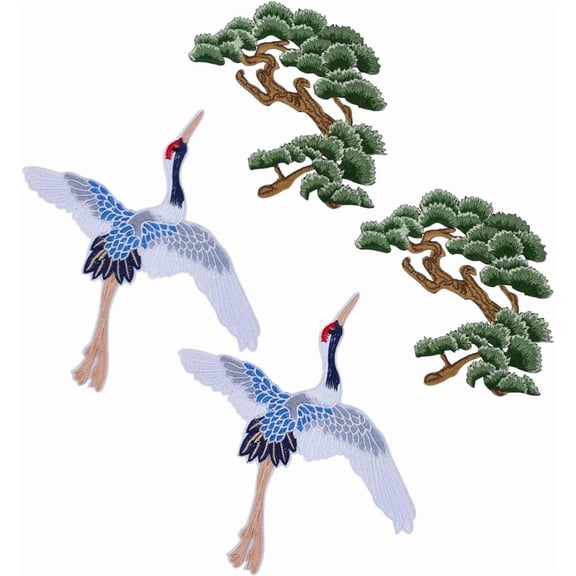 4 Pcs Pine Tree Embroidered Patches Red-Crowned Crane Iron on Applique Tree Sewing Patch Polyester Crane Cloth Applique Clothing Repair
