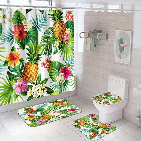 4 Pcs Pineapple Tropical Shower Curtain Set Modern Bathroom Sets with Rugs and Accessories, Green Palm Leaves Bath Curtain Tropical Hibiscus Flowers Bathroom Decor, Green Banana Leaf, Summer Hawaiian