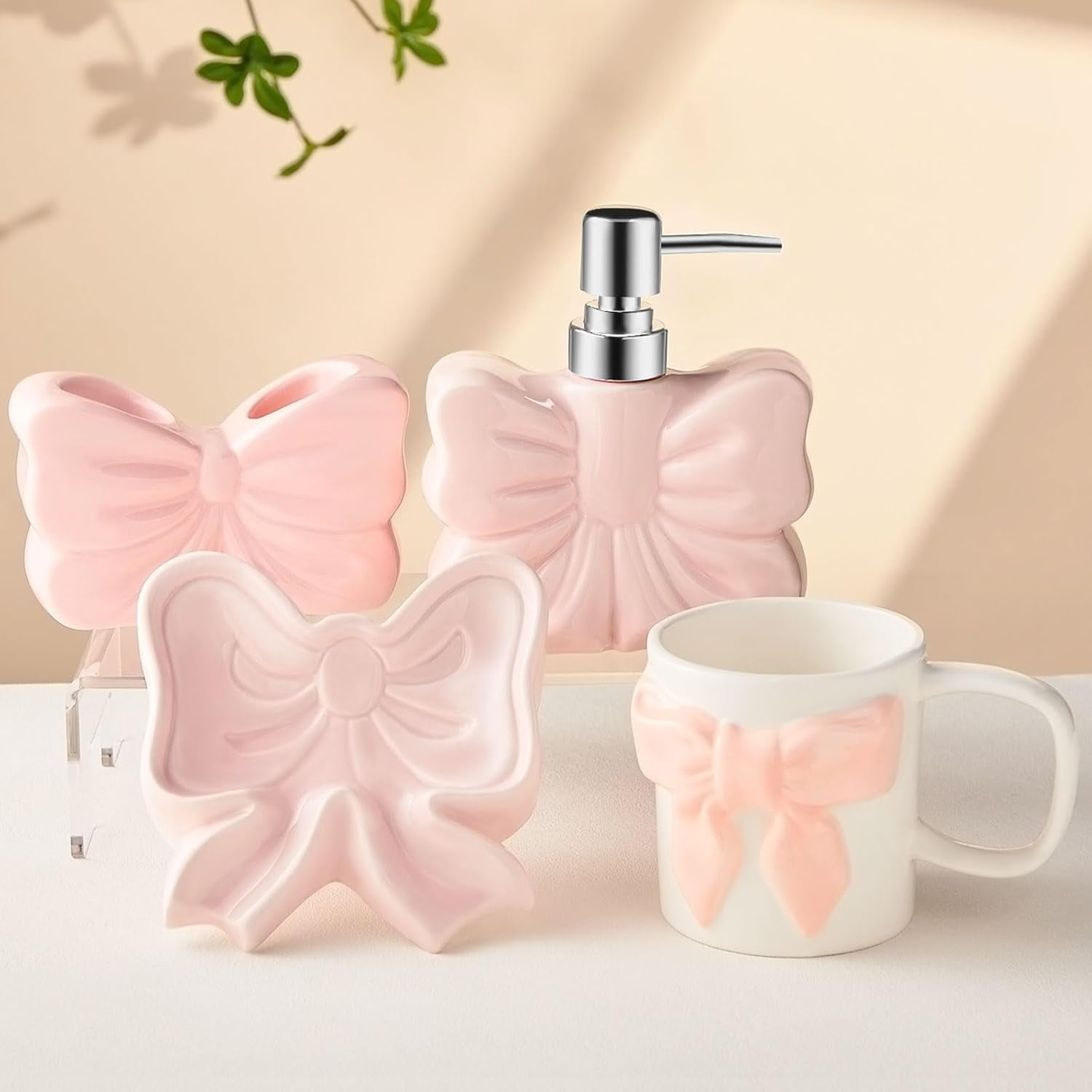 Light Pink Bathroom Decor Ceramic Bathroom Accessories Set, 4 Pcs-Includes  Lotion Soap Dispenser Toothbrush Holder Vanity Tray Tumbler Modern Bathroom  Decor Organizer Soap Dish Pink Bathroom Accessories, image size:1500x1500