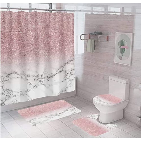 4 Pcs Pink Bathroom Shower Curtain Set with Waterproof Shower Curtain, Non-Slip Soft Flannel Rugs, Toilet Lid Cover, Bath Mat and 12 Hooks for Home Decorations, Pink, 72"x72"