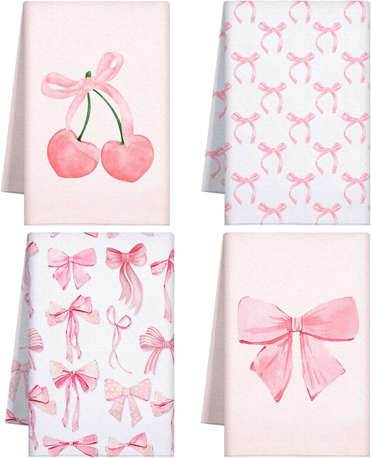 Cherry Kitchen Towels With Pink Bows - 16x41 Inch Coquette Preppy Hand Towels