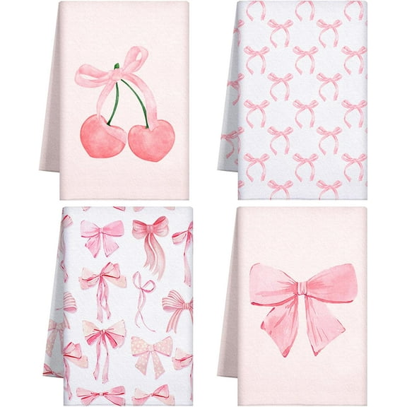 4 Pcs Pink Bow Coquette Kitchen Towels Trendy Cute Pink Hand Towels Coquette Bow Gifts Preppy Microfiber Kitchen supplies for Hostess Housewarming, 18 x 26 in