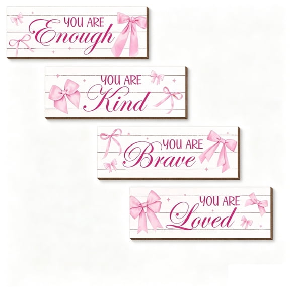 4 Pcs Pink Bow Wooden Wall Signs, Positive Affirmations Wall Art Decor, You Are Enough Kind Brave Loved Inspirational Wall Decor, Pink Room Decor for Teen Girls, Bedroom Bathroom Wall Decor