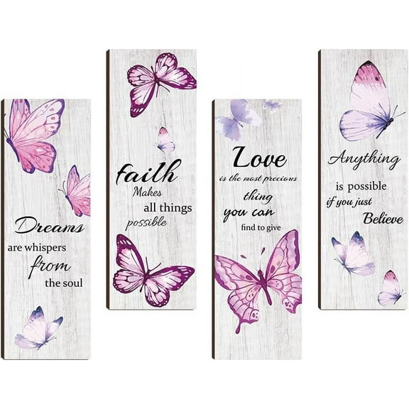4 Pcs Pink Butterfly Wooden Wall Sign Dreams Faith Love Believe Wall Decor Inspirational Wall Art