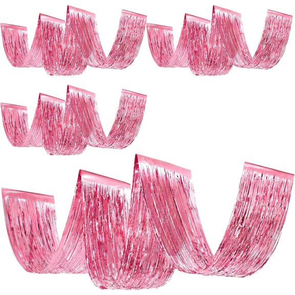 4 Pcs Pink Ceiling Fringe Curtains, Metallic Foil Drapes, 15 ft