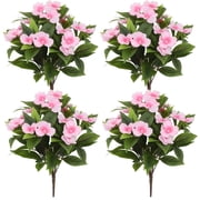 4 Pcs Pink Faux Flowers, Sunproof Artificial Floral Arrangements, Weatherproof Outdoor Indoor Garden Patio Home Office Decor, Easy Care Realistic Silk Plants, Fake Blooms