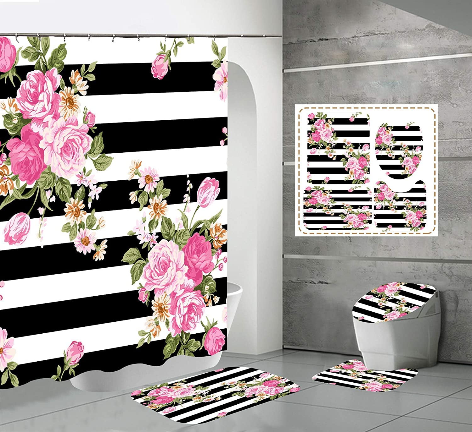 4 Pcs Pink Flower on Black Striped Shower Curtain Set Grey and White Bathroom Sets with Shower Curtain and Rugs Modern Home Bathroom Decor Shower Curtains with Rugs and Toilet Lid Cover