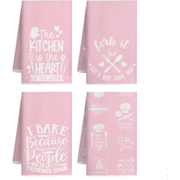 4 Pcs Pink Kitchen Towels Set Kitchen Hand Dish Towels Decorative Farmhouse Pink Utensils Pattern Cute Funny Cloths Dishtowels for Valentine''s Day Spring Wedding Party Cooking Bathroom Decor Mom Gif