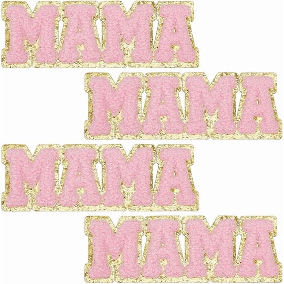 4 Pcs Pink Letter Chenille Patches 1.77x4.9inch Mama Letter Iron on Patch Word Mama Sew on Appliques Patch Towel Cloth Computerized Embroidery Appliques for Clothes Dress Hat Jeans DIY
