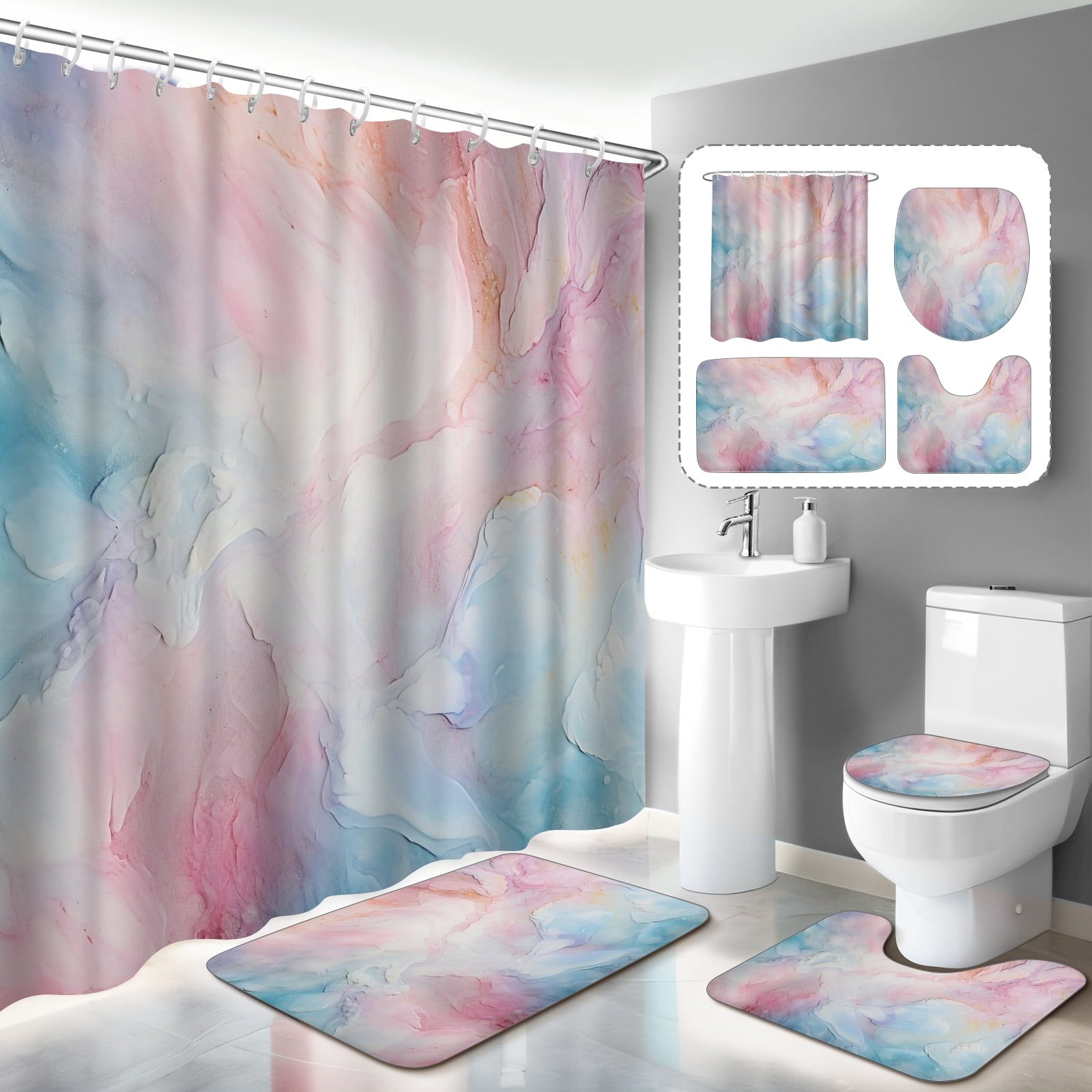 4 Pcs Pink Marble Shower Curtain Sets with Rugs, Black and White ...