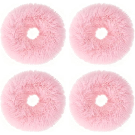 4 Pcs Pink Pom Pom Hair Ties, Pink Scrunchies, Furry Faux Rabbit Fur Fuzzy Scrunchies, Fluffy Ponytail Holders Hair Accessories Ponytail Holders Hairs Accessories for Girls Women Hairs