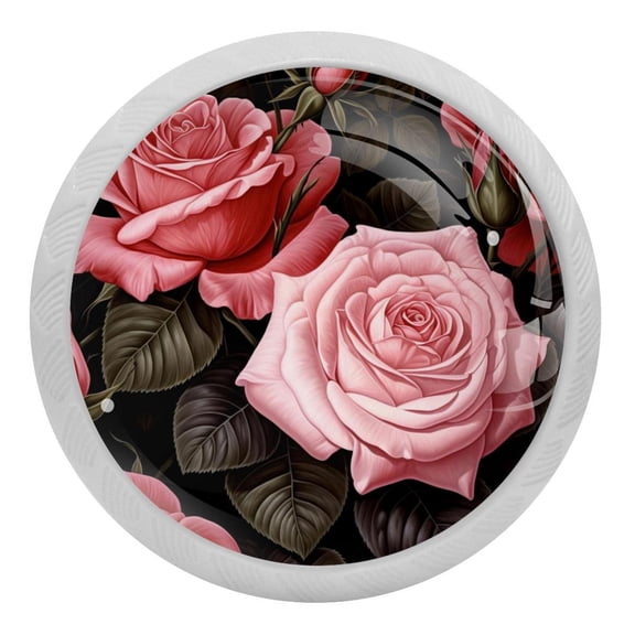 4 Pcs Pink Red Rose Flowers Crystal Glass Drawer Knob Pull Handle Ergonomic 30mm Glow in The Dark Furniture Cabinet Handle for Kitchen Dresser Cupboard Wardrobe