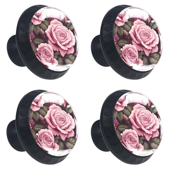 4 Pcs Pink Red Rose Flowers Print Cabinet Knobs 30mm Round Crystal Glass Drawer Handles Pulls with Screws for Kitchen Cupboard Wardrobe Closet Dresser, Home&Office