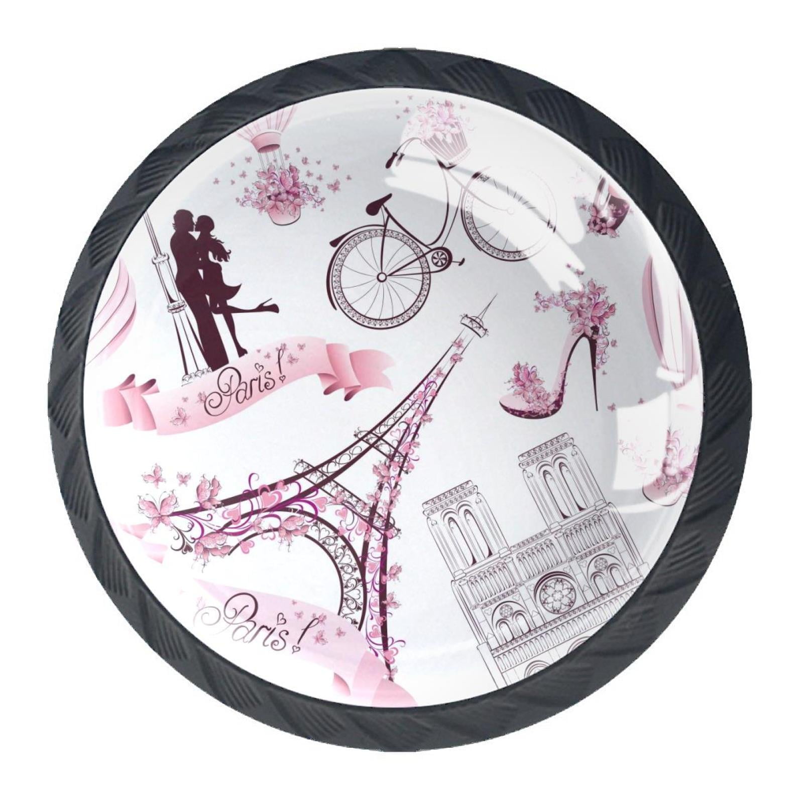 4 Pcs Pink Romantic Paris Knobs for Kitchen Cabinet Cupboard Dresser Bookcase Drawer Pulls Handles Round Home Decor