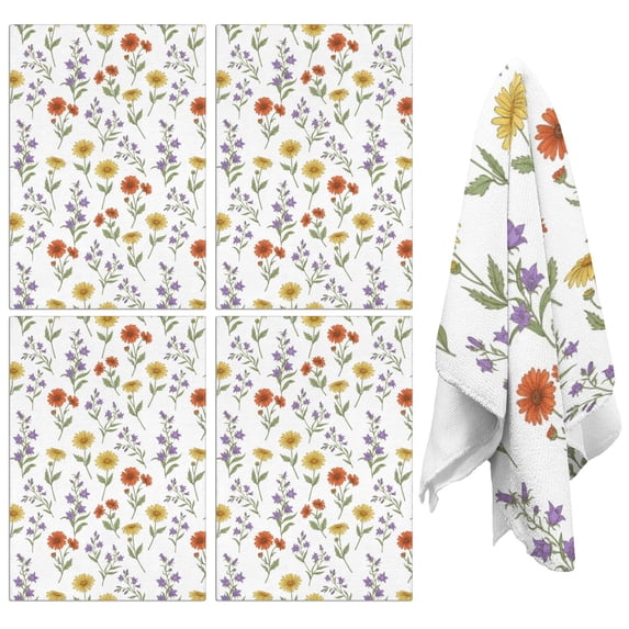 4 Pcs Pioneer Flower Floral Print Pattern Funny Kitchen Towels, Microfiber Dish Towels, Kitchen Tea Towels Set 18" X 26"